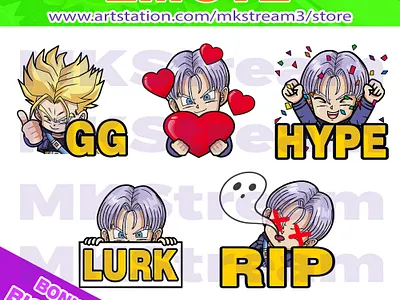 Emotes dragon ball chibi trunks rip, gg, lurk, love & hype pack animated emotes anime cute design dragon ball dragon ball emotes emote emotes gg goku hype illustration love lurk rip sub badge trunks trunks emotes twitch emotes vegeta