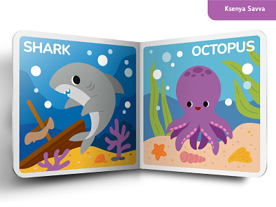 Shark and octopus: sea animals for children's book adobe illustrator book cartoon character children cute design fish for kids illustration kawaii marine life ocean octopus page sea shark vector