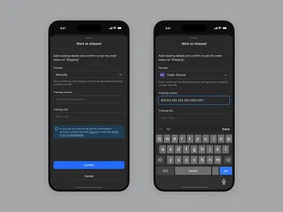Changing order status - Mobile app confirmation dark mode delivery form manage order mark as mobile app order order progress order status shipping tracking number ui ux