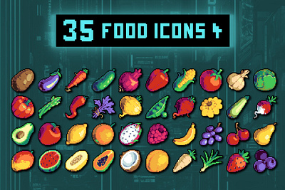 Fruit and Vegetables 32×32 Icons Pixel Art 2d 32x32 asset assets fantasy food fruit game game assets gamedev icon icons illustration indie indie game pixel pixelart pixelated rpg vegetables