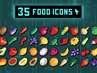 Fruit and Vegetables 32×32 Icons Pixel Art 2d 32x32 asset assets fantasy food fruit game game assets gamedev icon icons illustration indie indie game pixel pixelart pixelated rpg vegetables