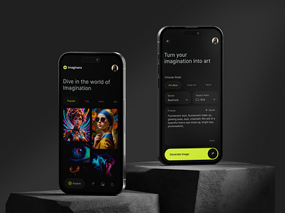 AI Image Generation app "Imaginara" aesthetic ai ai art ai image generator app design app ui art creative dalle dark theme figma gen ai generative ai loading loading screen midjourney minimal stable diffusion ui ux