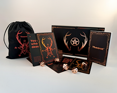 Thearot: A modern take on Tarot, with a sense of humor antlers cardboard box design cards design cards with dice cotton bag design divination game design hot foil stamping metal dice packaging design pentacle playing cards design polyhedral dice rose gold foil tarot tarot cards tarot cards design