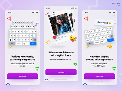 iFonts App custom emoji font keyboards mobile app onboarding paywall ui