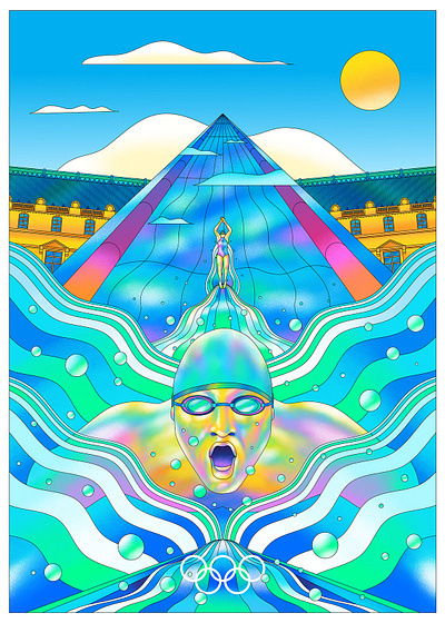 Olympic Posters 2024 affinity designer art direction buildings graphic illustration illustrator landmark louvre olympics paris poster poster design psychedelic retro sport summer surreal swimming vector