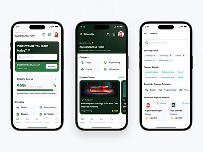 Sideskill: Online Learning App Homepage Variant and Search Page course course app design edutech figma online learning ui design ui kit uiux