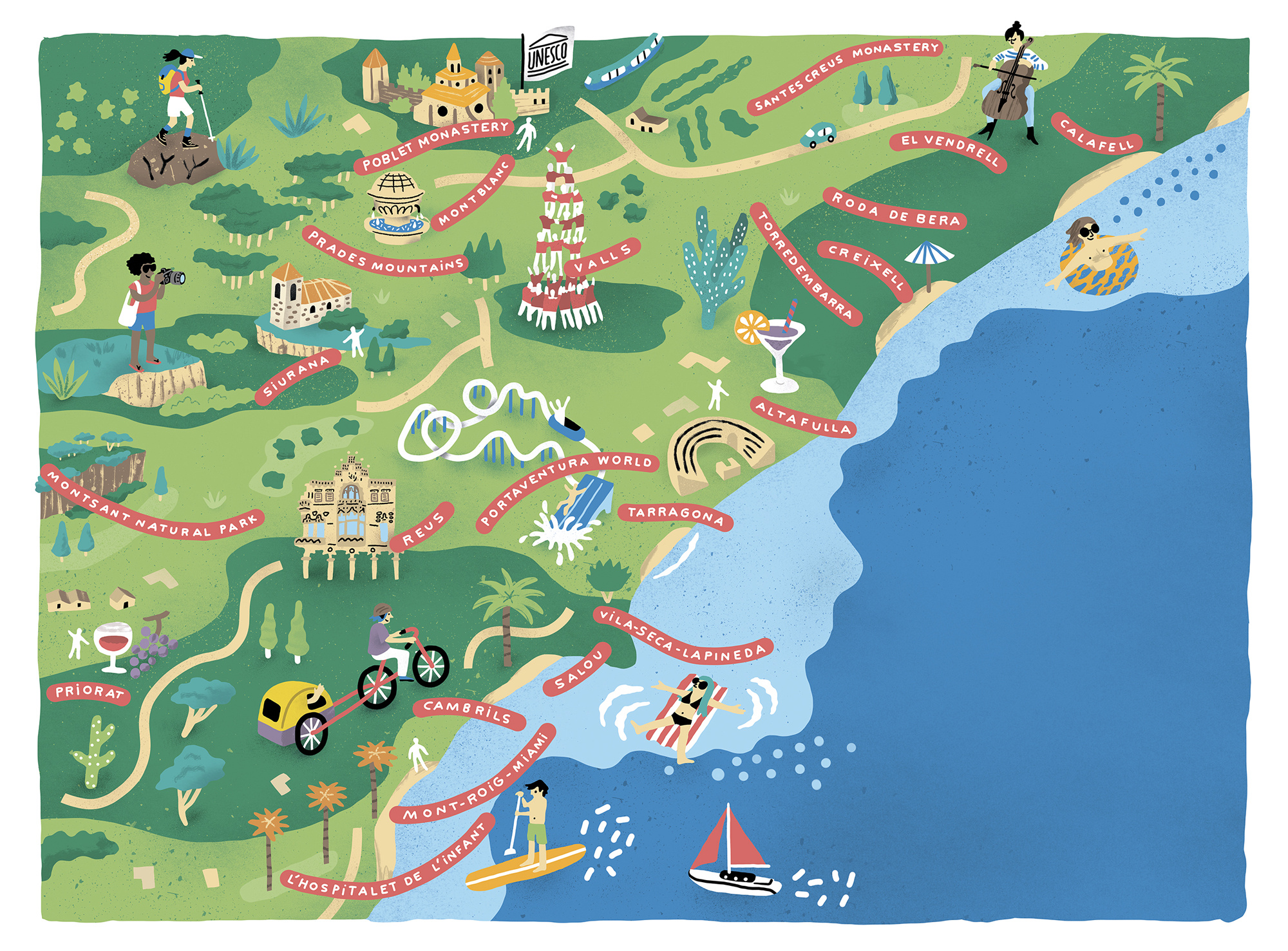 Costa Dorada 2d antoine corbineau characters digital editorial folioart holiday illustration map texture travel