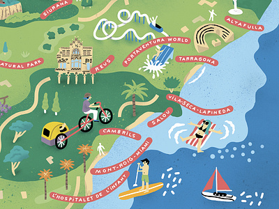 Costa Dorada 2d antoine corbineau characters digital editorial folioart holiday illustration map texture travel