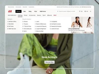 H&M - Mega Menu Navigation Redesign app branding categories clean design designer ecommerce homepage mega menu menu minimal navigation online shop redesign shop shopping experience typography ui ux website