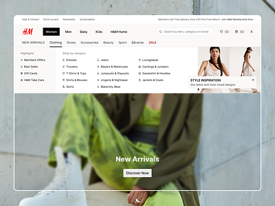 H&M - Mega Menu Navigation Redesign app branding categories clean design designer ecommerce homepage mega menu menu minimal navigation online shop redesign shop shopping experience typography ui ux website