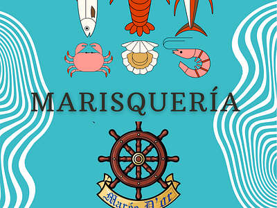 menu Marisquería blue and white with graphics branding graphic design