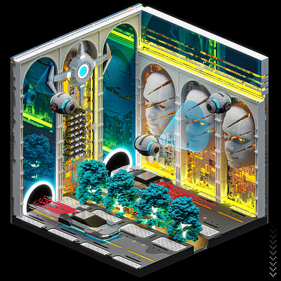 VoxStories 33 - Opposing Portals 3d animation concept art cyberpunk cyborg digital art diorama drone dystopia future isometric magicavoxel motion graphics portal ui voxel voxels