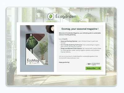 Magazine of ecological gardening landing page dailyui dailyui 003 ecology figma garden gardening green landingpage magazine mockup plants popup subscription ui