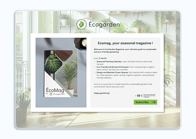 Magazine of ecological gardening landing page dailyui dailyui 003 ecology figma garden gardening green landingpage magazine mockup plants popup subscription ui