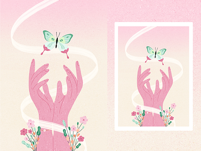 Hands 3 butterfly flowers hand hold illustration release vintage