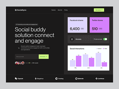 Social media engagement dashboard - Hero section exploration dashboard desktop engagement facebook landing page product product design saas social media track twitter website