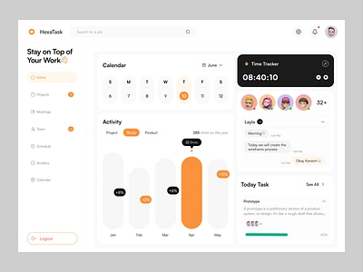 Task Management Dashboard app calendar chart clean design fireart people timer ui ux web