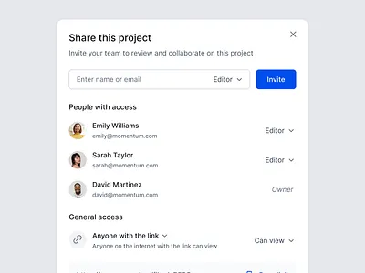 Share Modal add team add team members collaboration file sharing invite invite modal invite popup modal popup product design project sharing share share modal share popup shareable links sharing permission team ui ui design ux