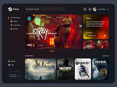 Steam Desktop App Redesign branding community friends game platform game screen game store game zone logo mobile screens online game app screens technology ui