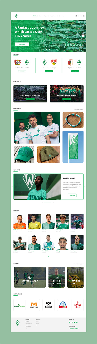 Werder Bremen academy branding design e commerce football graphic design green header logo news schedule shop site soccer sport team ui ux website white
