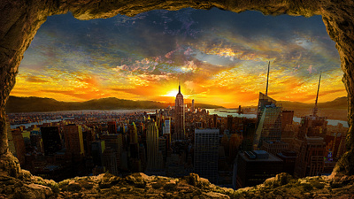 Photo composite - City dawn from a cave cave city graphic design landscape morning photo composite photo editing