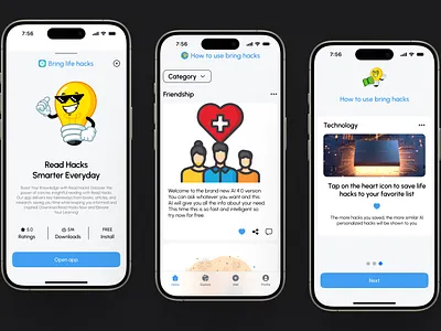Bring life hacks app for daily idea and hacks app app design app ui design figma figma design graphic design hacks mobile app design ui ui design ui ux design user friendly design user interface ux design