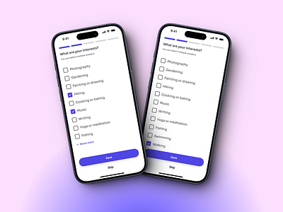 A screen with checkboxes app design card design check box design ui ux