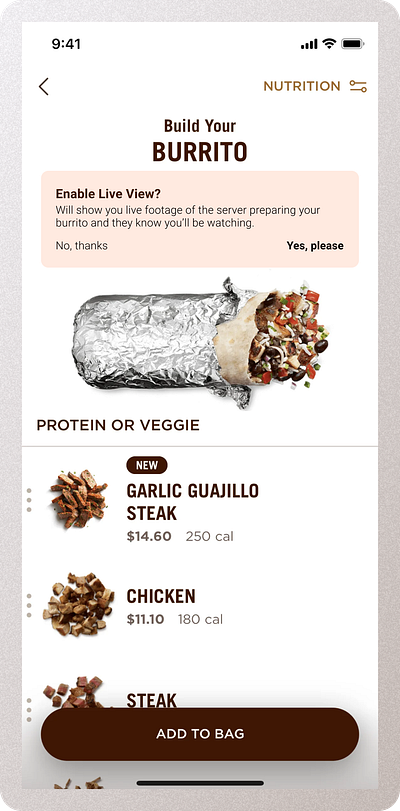 Chipotle Live View on an Online Order app design product design ui uxdesign web
