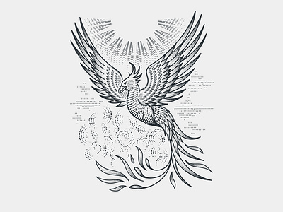 Phoenix bird engraving etching greek mythology illustration line art print scratchboard woodcut
