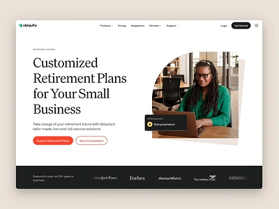 Ubiquity Homepage 401(k) animation branding features fintech footer hero homepage illustration retirement retirement plan testimonials ui ux