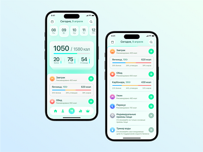 Концепция приложения по отслеживанию калорий callories eat fat glass green secret uiux