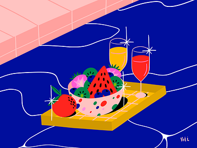 ☀️🍊🍉Summer Fruits🥂✨💦 colorful digital illustration digitalart fruits graphic design illustration illustrator isometric mimosas pool summer