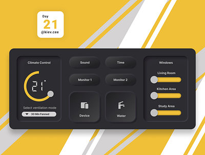 Day 21 UI Challenge: Home Monitor app button control daily challenge dashboard device home home monitor internet of things iot monitor motion control neumorphism smart smart home temperature time ui ui design yellow