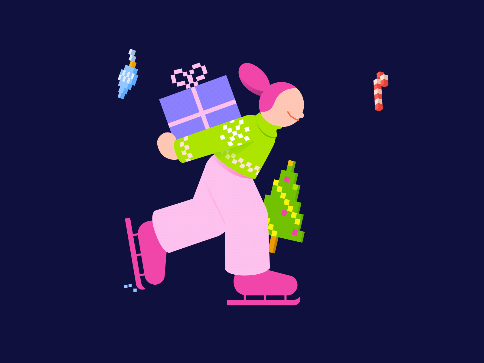 Woman ice skating with a gift 2d activities animation candy cane character christmas decorations christmas tree cycle delivery illustration loop motion graphics pixel art present skates skating sport winter holidays woman xmas