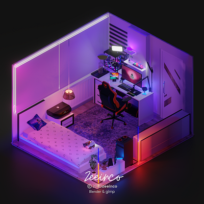 Mini Small Room with Full RGB Leds in Night Scene | 3D Room gaming cafe design