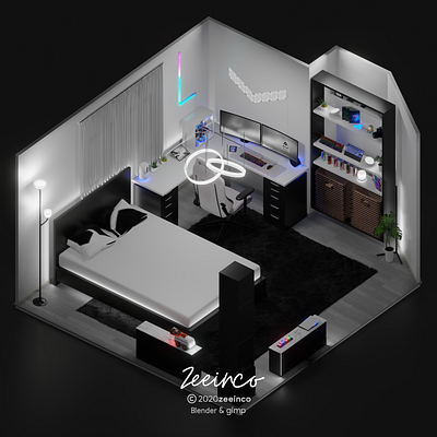 Black White Monochrome Interior Design home office concept | 3D gaming cafe design