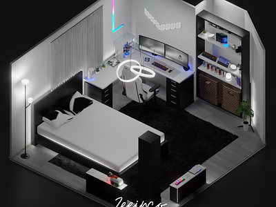 Black White Monochrome Interior Design home office concept | 3D gaming cafe design