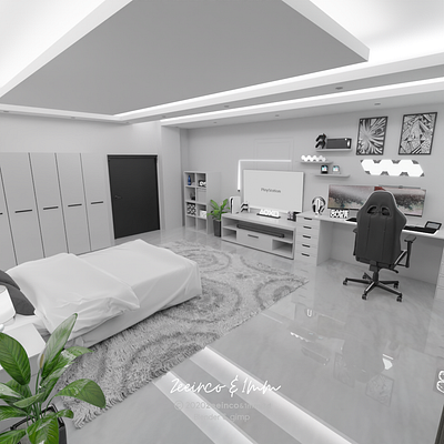 Monochrome Elegant Black White Bedroom Interior Design | 3D Room gaming cafe design