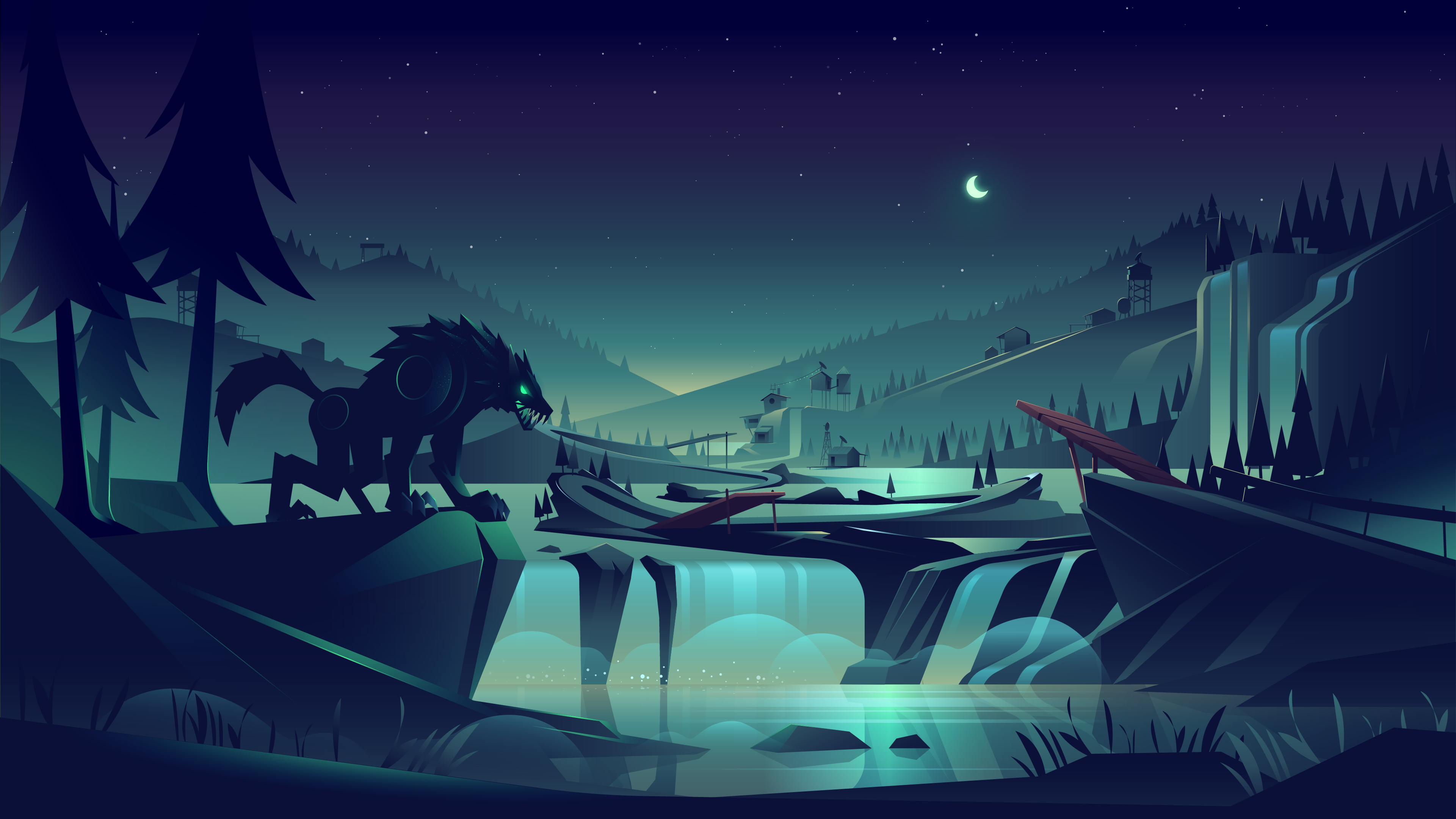 🐺 cyberpunk dystopic landscape nature race racing river robot rock waterfall wolf