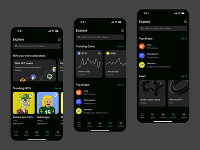 CoinWell Wallet - Explore app clean coins cryptocurrency dark mode ethereum explore figma ios mobile nft product design search ui ux wallet