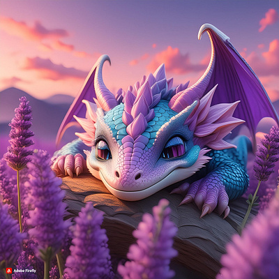 The cute little dragon sleeps quietly in the purple lavender. 3d ai dragon firefly