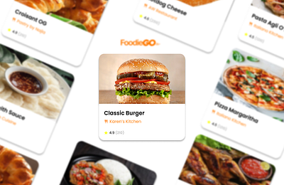 Modern and Engaging UI Card Design for FoodieGo card design clean design food card food delivery food ordering food reviews minimalist design online food ordering platform online ordering restaurant ui ui design user experience (ux) user friendly design user interface (ui) visual hierarchy web design