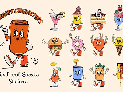 Groovy characters burger cafe cake cream delicious donuts face food groovy ice poster restaurant retro sweet walk