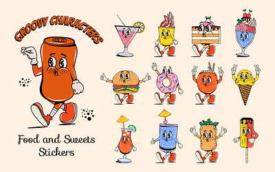 Groovy characters burger cafe cake cream delicious donuts face food groovy ice poster restaurant retro sweet walk