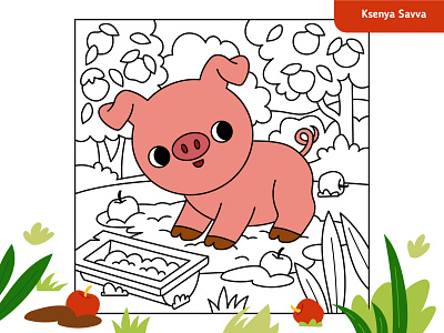 Cute cartoon pig. Coloring page for kids activity adobe illustrator animal apple black and white book cartoon character children coloring design farm for kids garden illustration page pig piglet toddler vector