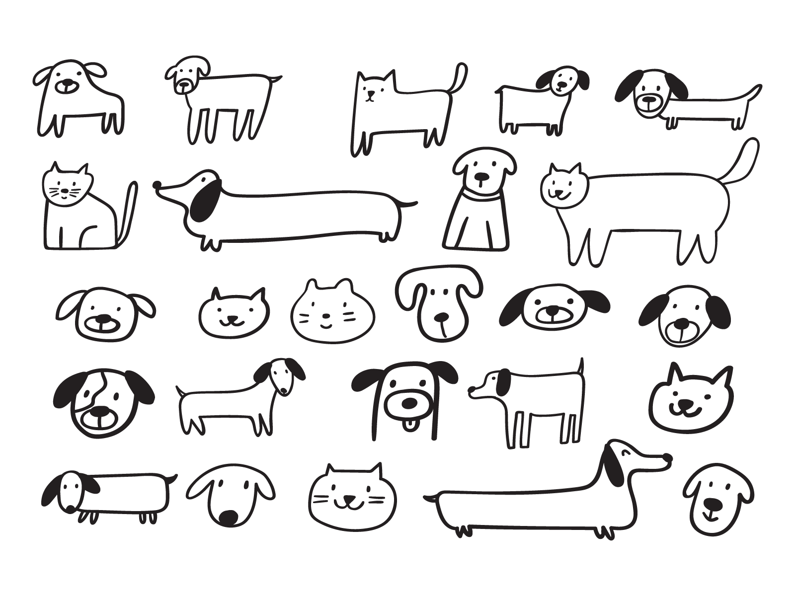 Cats and dogs black cat character cute design dog doodle face friend fun happy head icon kitty line logo outline pattern puppy vector