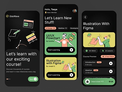 EduWave - Online Course App animation branding classes eduwave figma flowchart illustration logo mobile screens online classes online cources online education screens ui uiux uiux cources