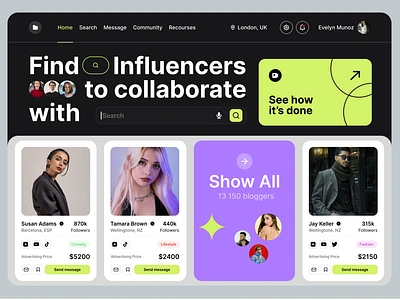 Influencer Marketplace Landing Page Design | Web UI/UX 3d animation blogger branding collbration content creators design desktop screens graphic design influencers instagram logo motion graphics screens technology tiktok twitter ui youtube