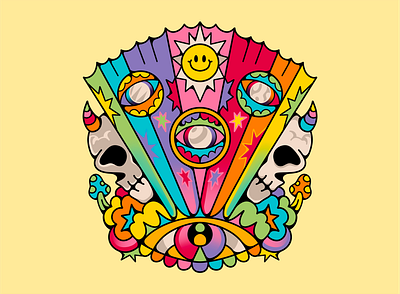 Persona 80s album branding colorful death design eyes flower graphic design illustration merch mushroom pop psychedelic rainbow skull space sun ui universe