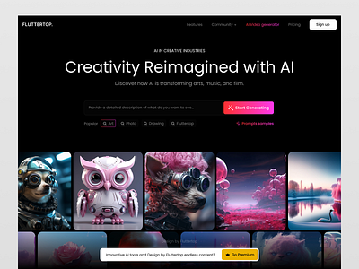 AI Website Design for Creative Industries agency ai ai website artificial intelligence artist artworks business concept corporate designers eps fluttertop hero section idea imagination inspiration machine learning modern professional ps